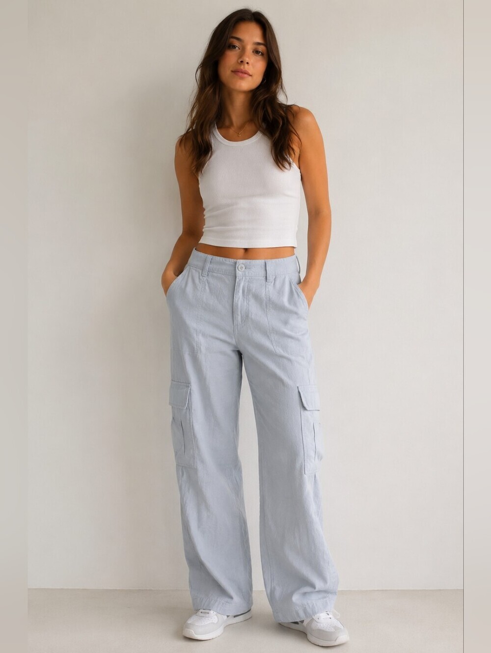 Hollister Ultra High-Rise Baggy Cargo Pants Dusty Blue Linen Blend Size Small